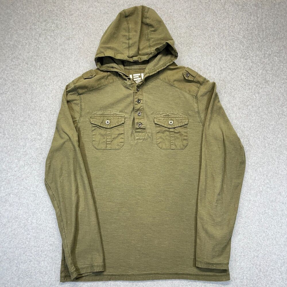 Helix 1/4 Button Lightweight Hooded Shirt Men’s Medium Green Long Sleeve Pockets